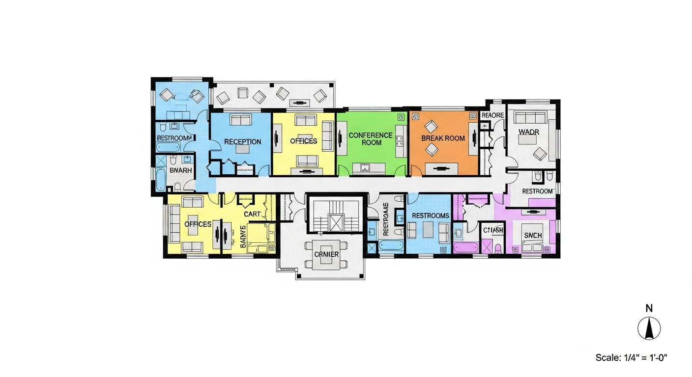 Architectural floor plan showing space allocation zones with color-coded functional areas