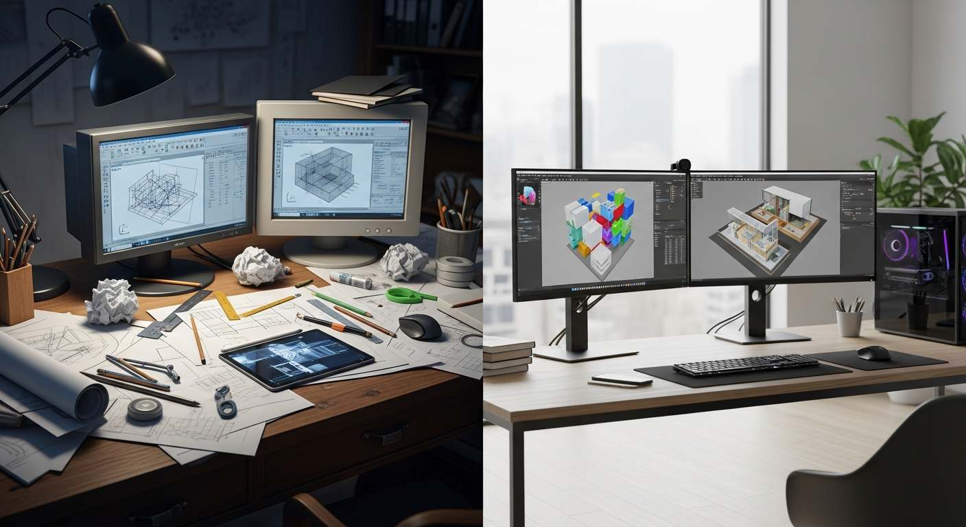 Split screen comparison: cluttered desk with paper drawings and CAD screens vs. clean modern workspace with 3D visualization tools