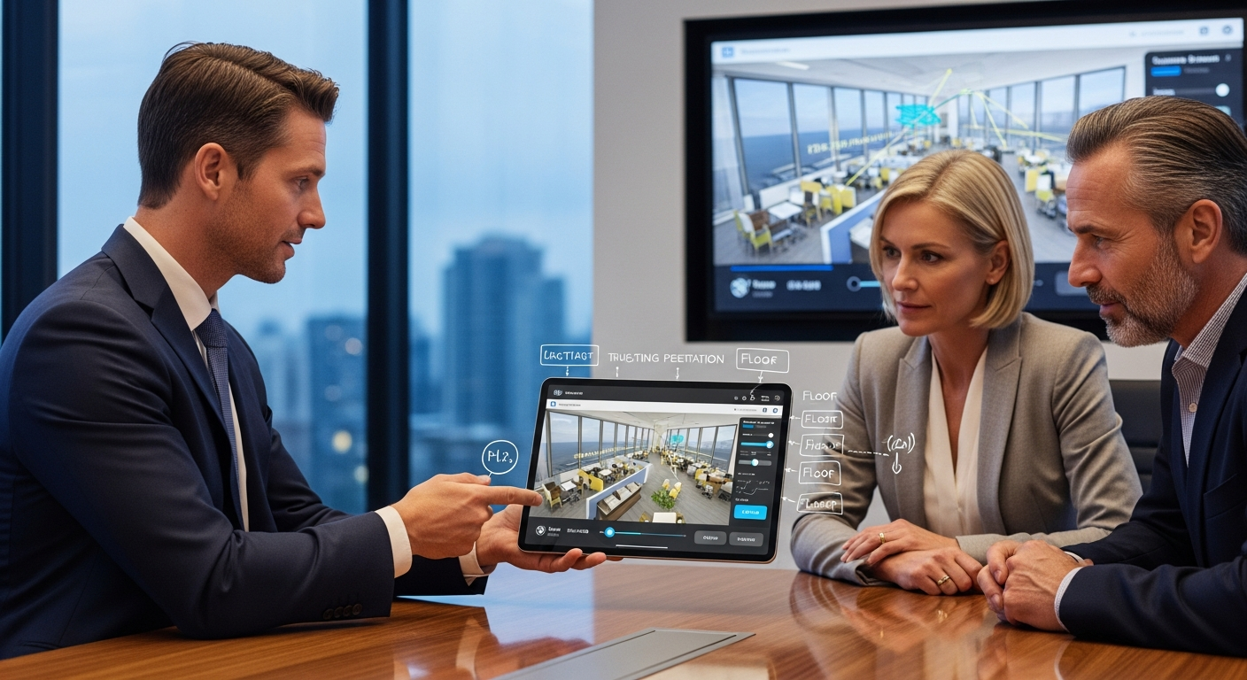 CRE professional using tablet to show interactive 3D office layouts to clients in real-time collaboration session