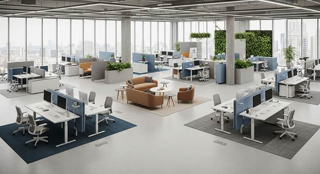 Modern open office space with strategic layout showcasing effective space planning principles