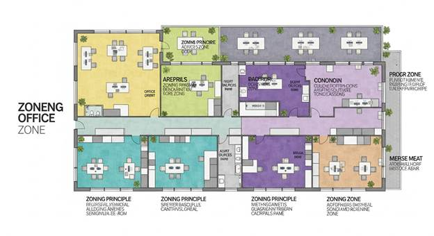 Diagram showing different office zones with color-coded areas demonstrating zoning principles in practice
