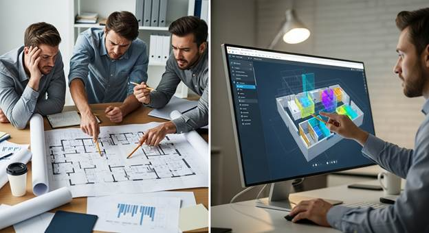 Split image showing frustrated professionals dealing with complex floor plans versus a streamlined digital interface