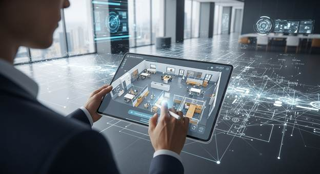 Modern professional using a tablet to generate instant 3D office layouts, representing the automated future of space planning