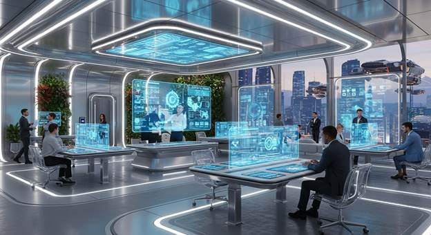 Futuristic office environment showcasing the potential of well-planned spaces with seamless technology integration