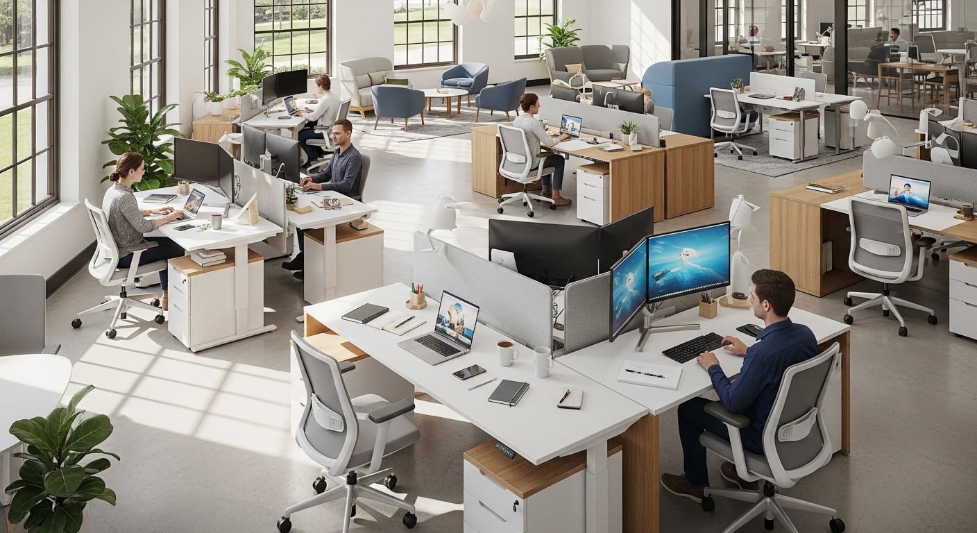 Modern office space with hybrid workstations, showing both occupied and empty desks with natural lighting