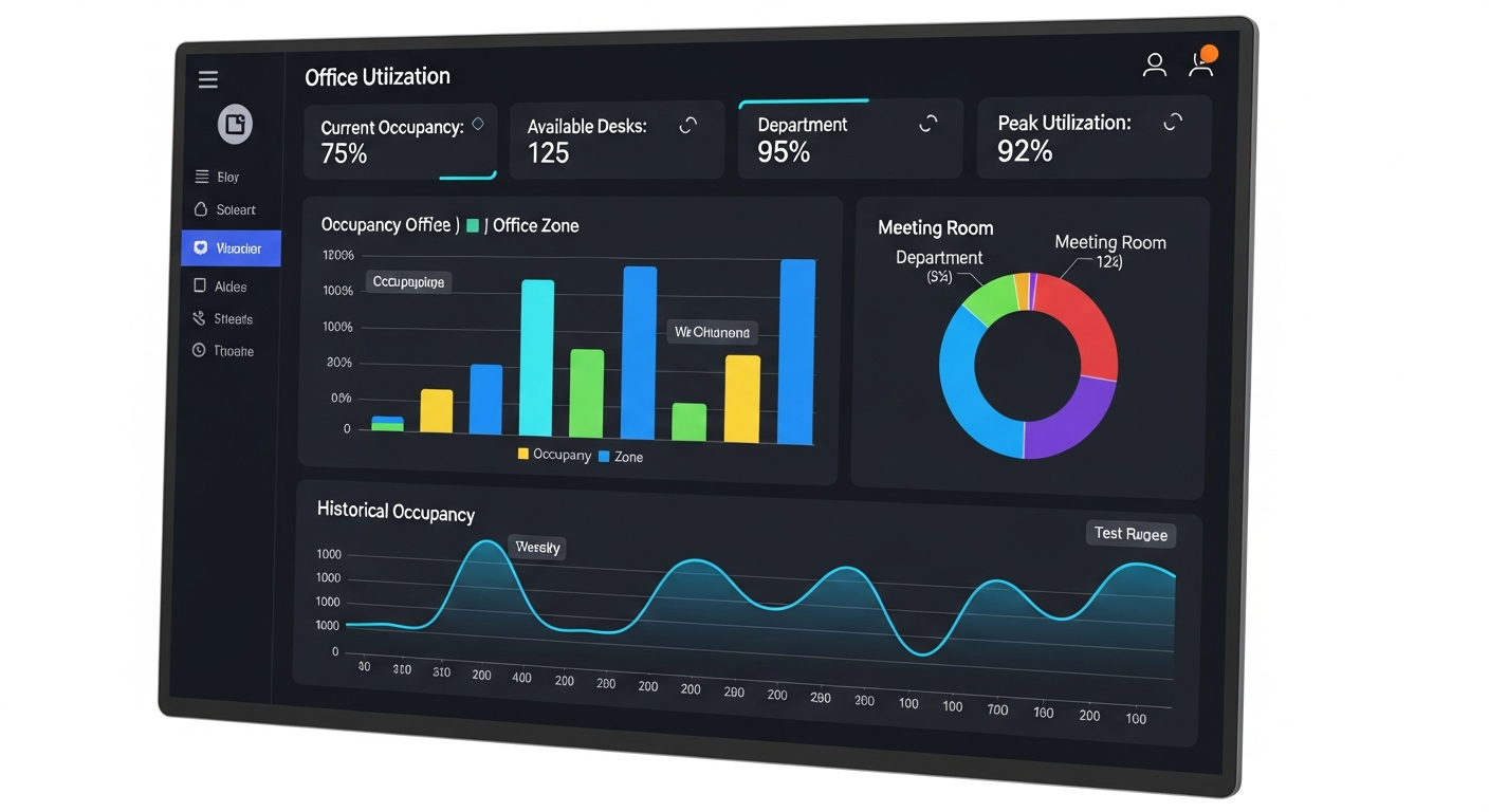Dashboard interface showing real-time office utilization metrics with colorful charts and graphs displaying occupancy rates