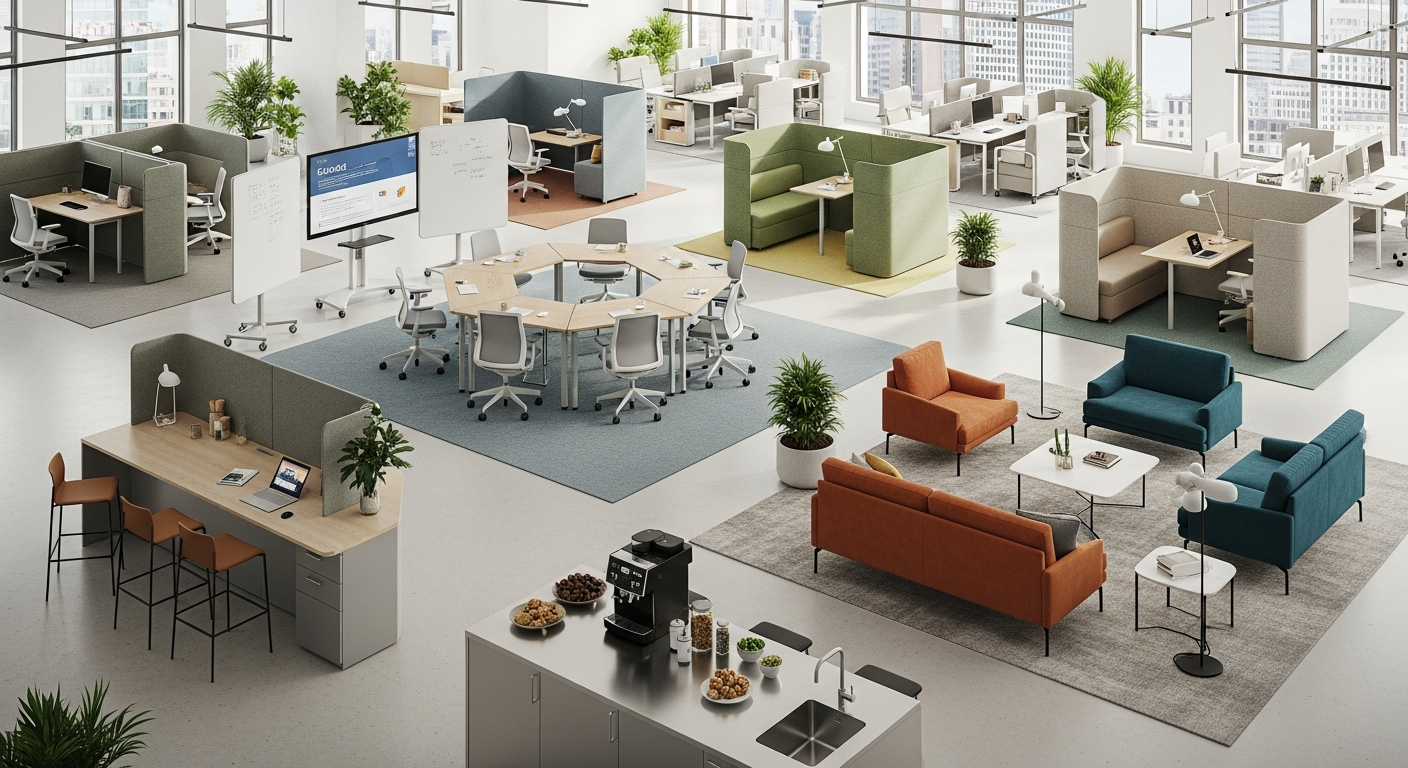 Modern flexible office layout with modular furniture, showing different work zones including collaboration areas, quiet focus spaces, and social areas