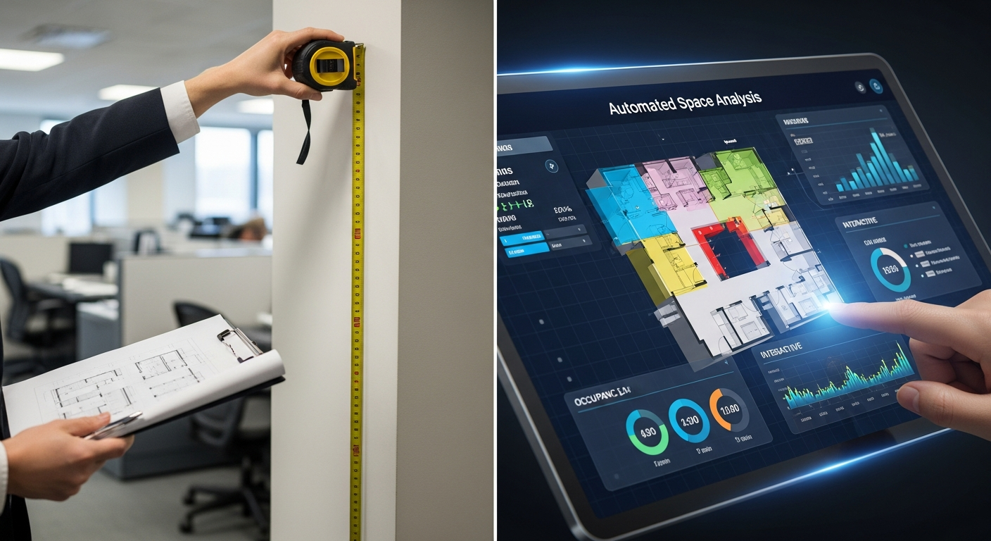 Split comparison image: left side shows person manually measuring office space with tape measure and clipboard, right side shows modern digital interface with automated space analysis