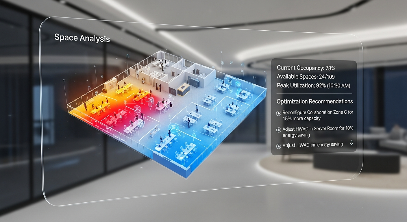 Futuristic office interface showing AI-powered space analysis with real-time occupancy data, 3D visualizations, and automated optimization recommendations