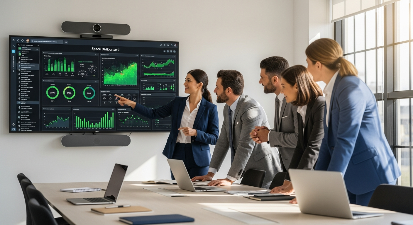 Executive team reviewing space utilization dashboard on large screen display, with positive body language suggesting successful outcomes