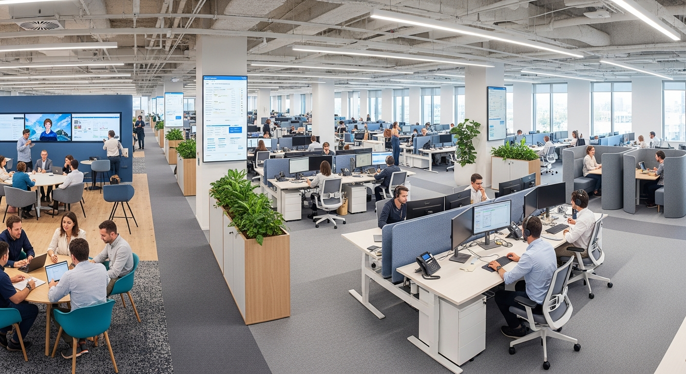 Panoramic view of optimized office space showing diverse work areas, high occupancy, engaged employees, and efficient space usage