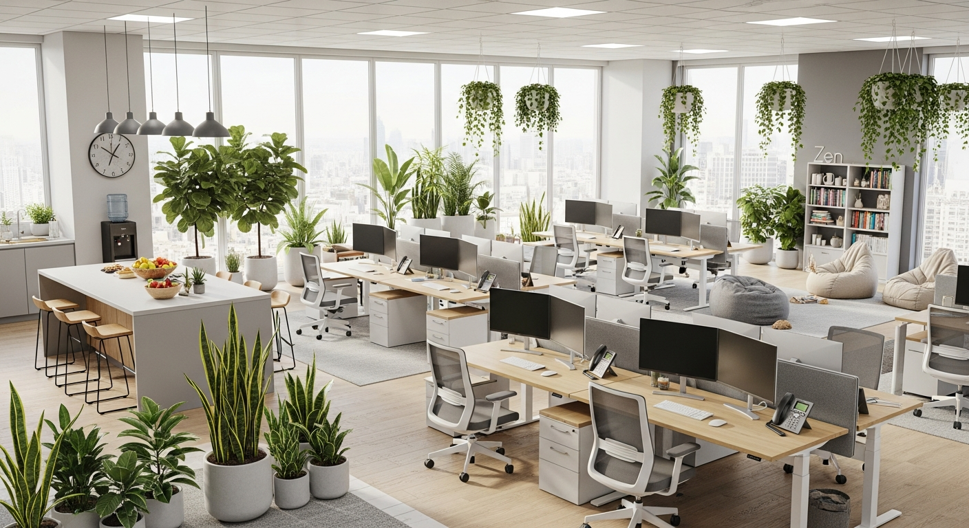 Modern open-plan office space with natural lighting, plants, and ergonomic workstations showcasing wellness-focused design elements