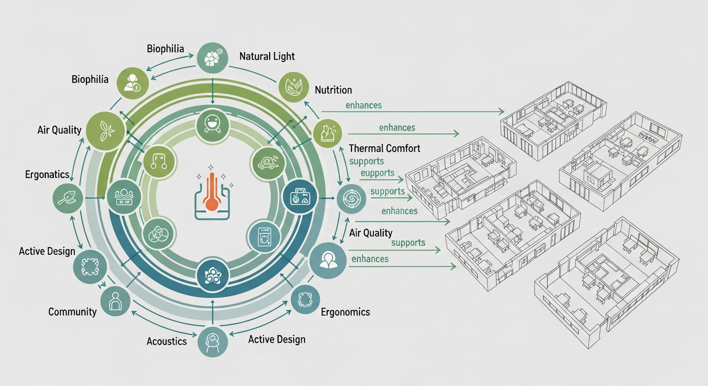 Diagram showing interconnected wellness design elements in a circular framework with office layout overlay