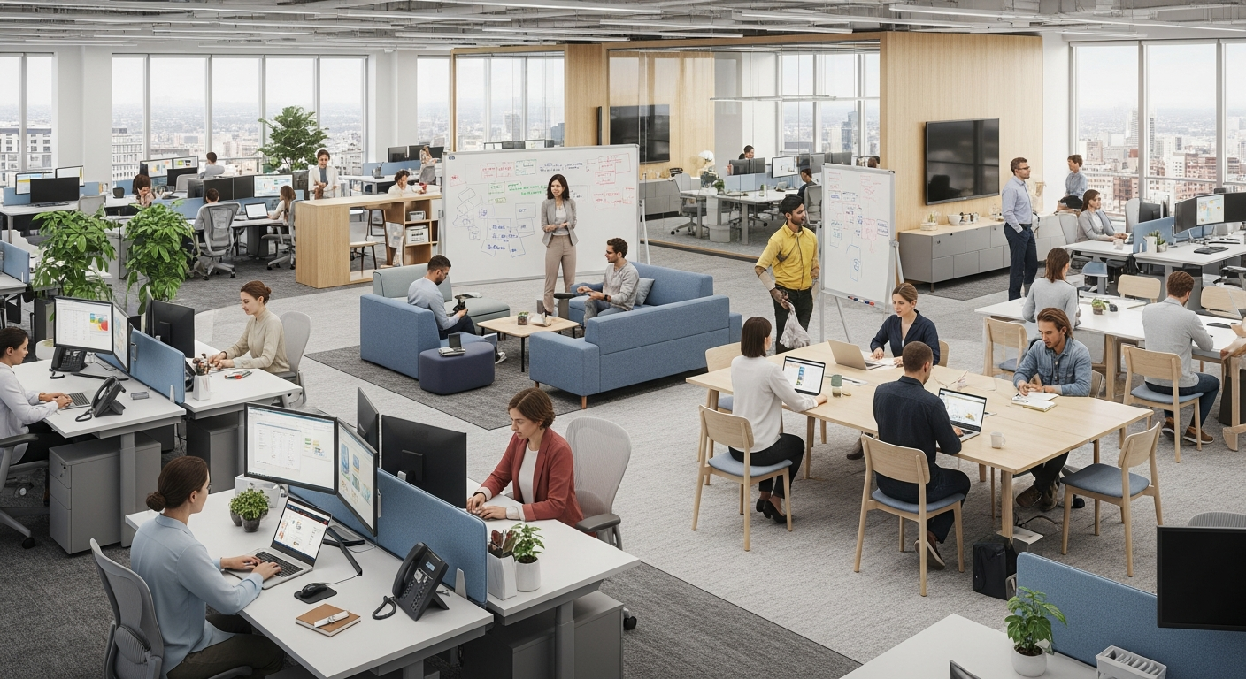 Professional office space with diverse employees working efficiently in a modern, well-designed environment showcasing optimal space utilization