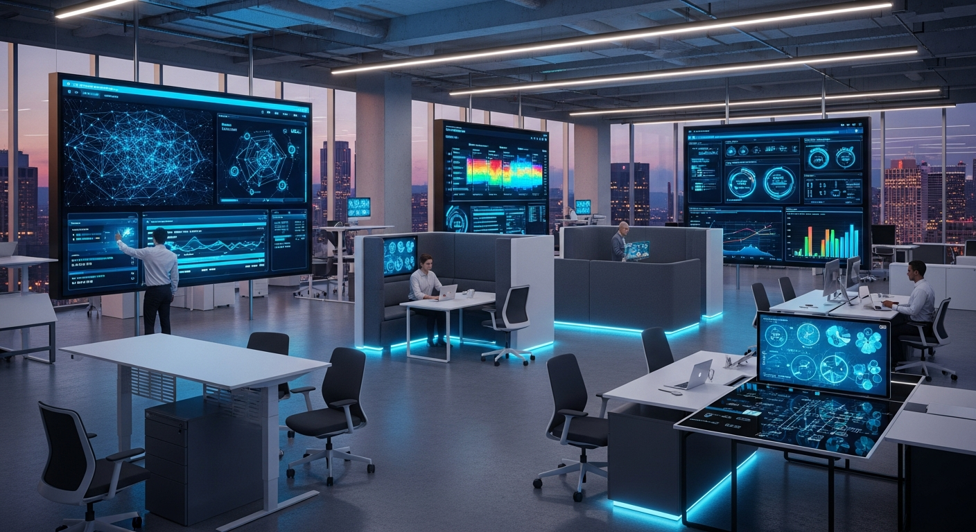 Modern office space with integrated technology and analytics displays, representing the future of data-driven workplace design and optimization