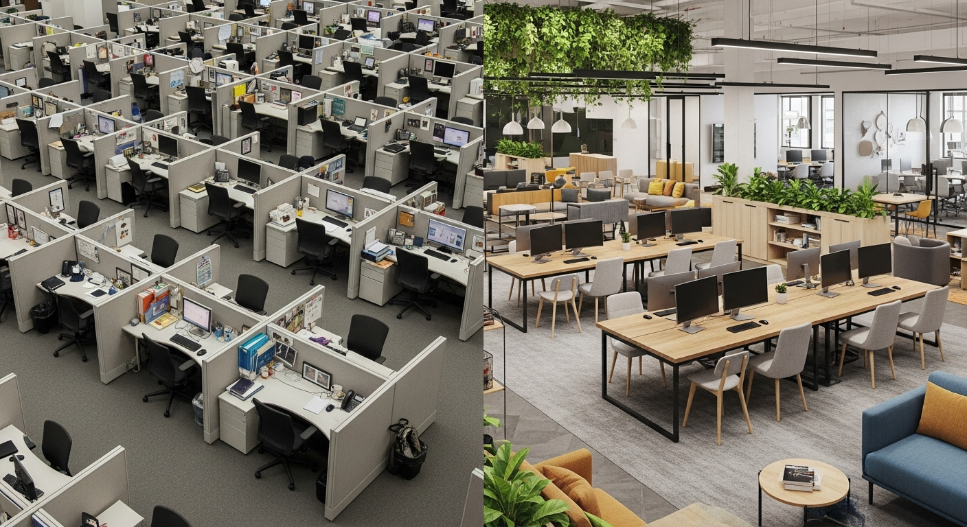 Side-by-side comparison showing traditional cubicle layout versus modern open office design, highlighting density differences and space efficiency