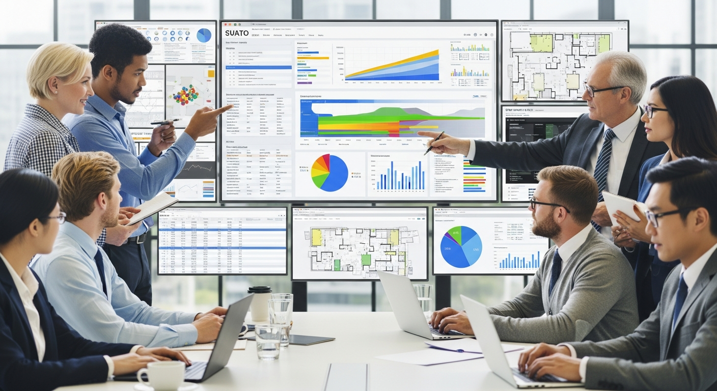 Professional team reviewing office space analytics on multiple screens, showing implementation of metric-driven decision making in action