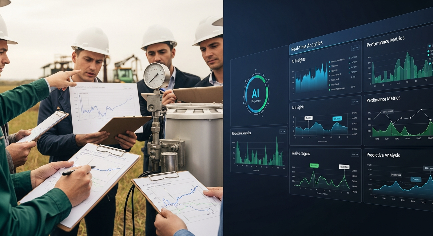 Split-screen comparison showing manual measurement with clipboards and charts versus automated digital dashboard with real-time analytics and AI-powered insights