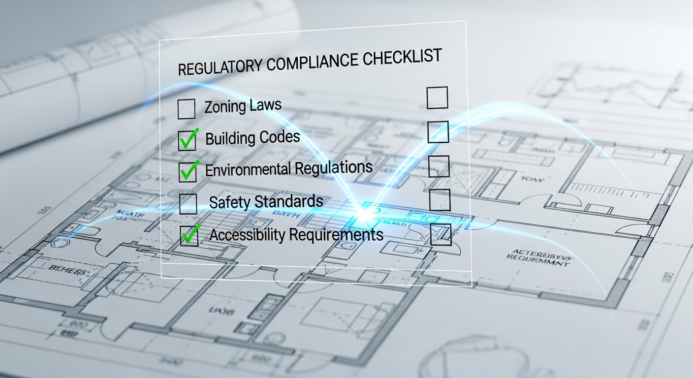 Regulatory compliance checklist overlaid on architectural blueprints, showing the intersection of law and design