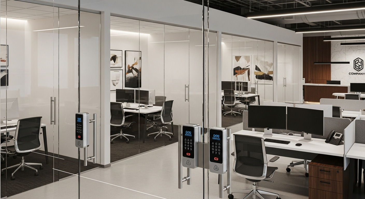 Modern financial services office with secure glass meeting rooms and sophisticated access control systems