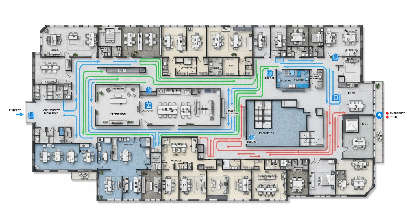 Floor plan showing optimized traffic flow patterns that maintain security while maximizing operational efficiency