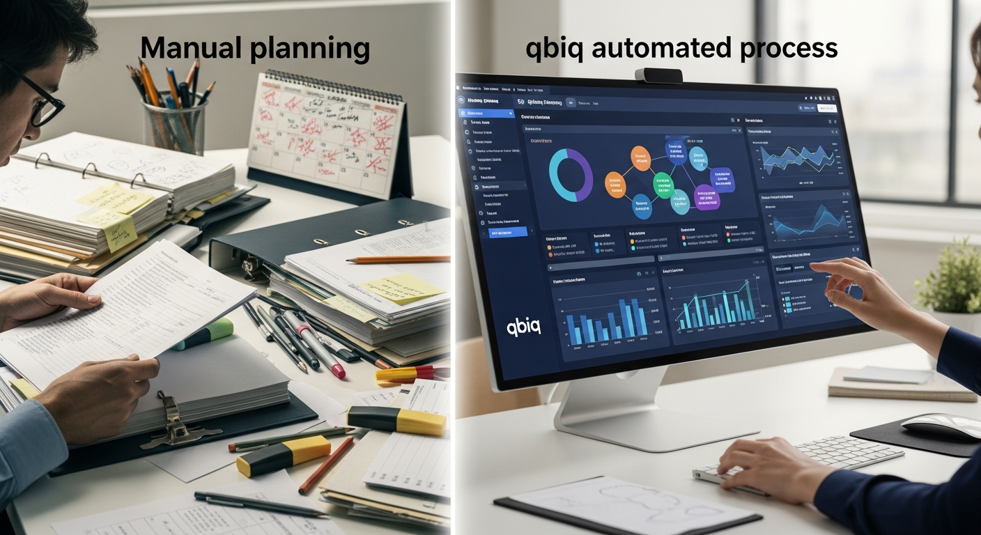 Split-screen comparison showing manual planning process (complex, time-consuming) versus qbiq automated process (streamlined, comprehensive)
