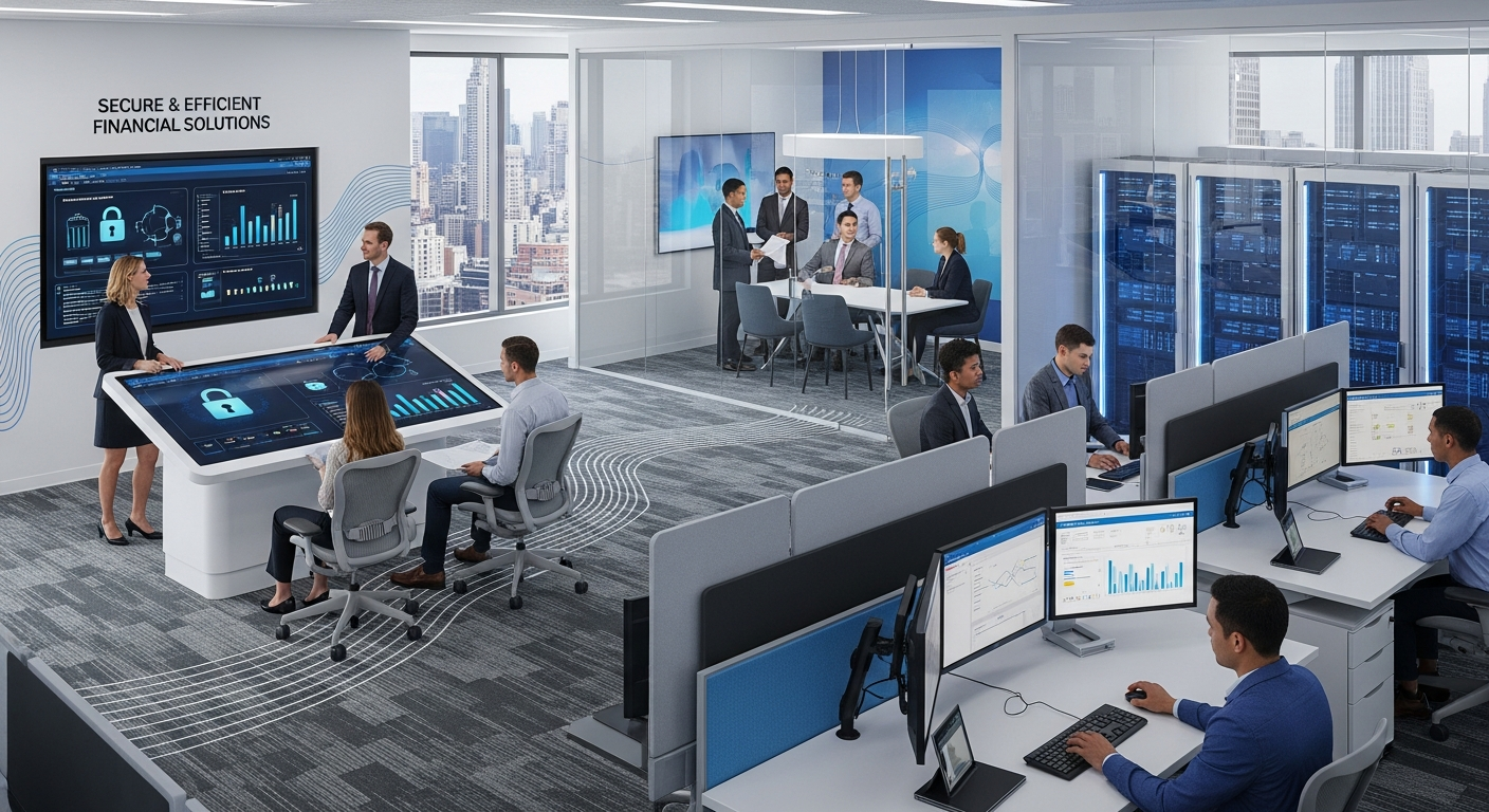Financial services office visualization showing successful integration of security, privacy, and operational efficiency