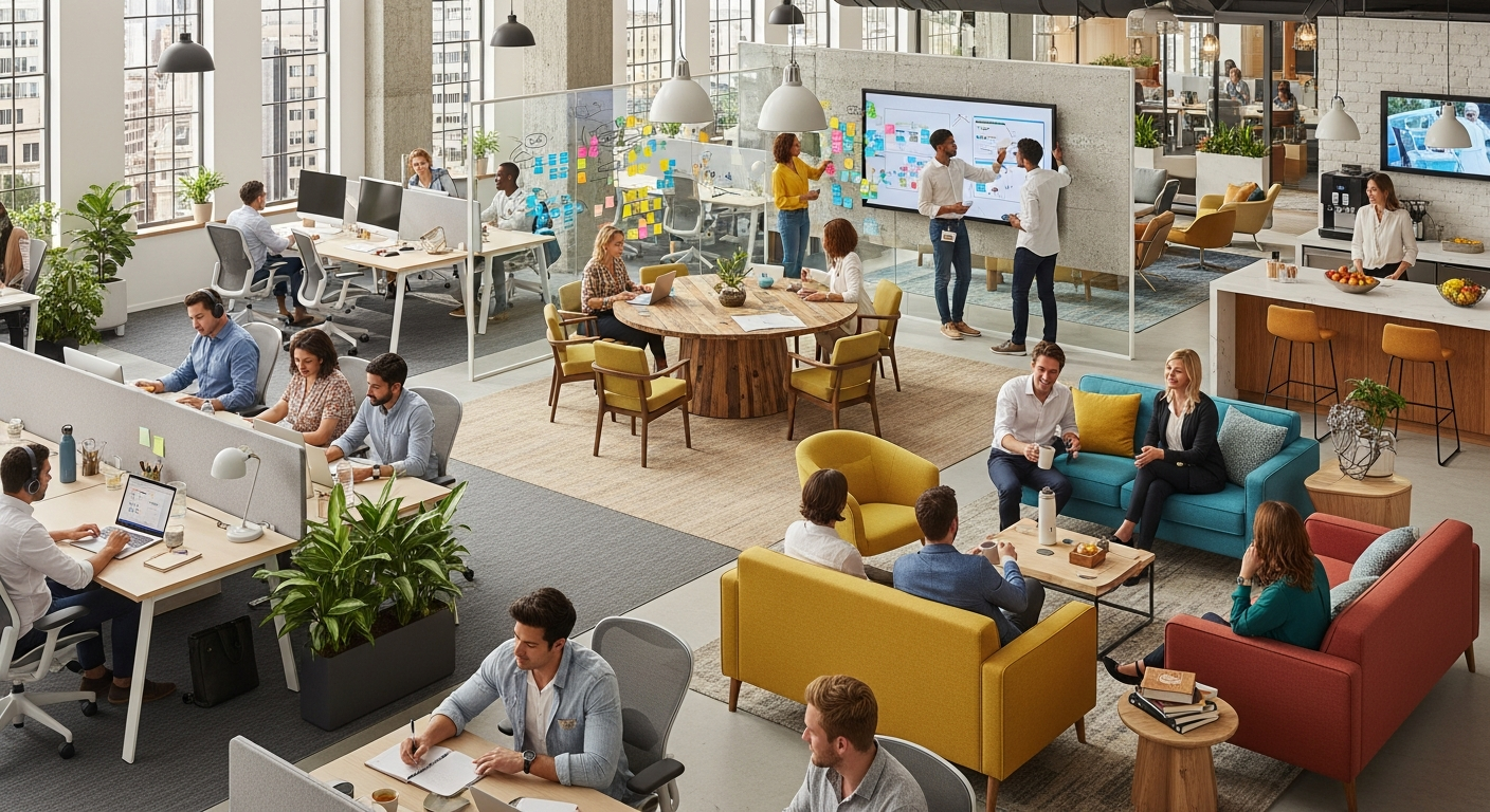 Modern activity-based office environment showing diverse work zones with employees engaged in different tasks across focus areas, collaboration spaces, and social zones
