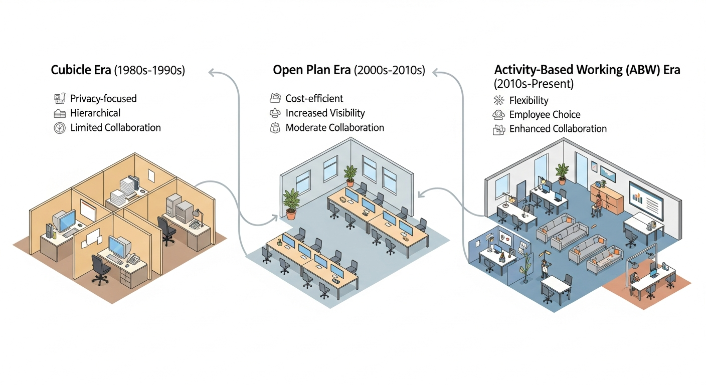 Timeline infographic showing the evolution of office design from cubicles to modern ABW environments, with key characteristics highlighted for each era