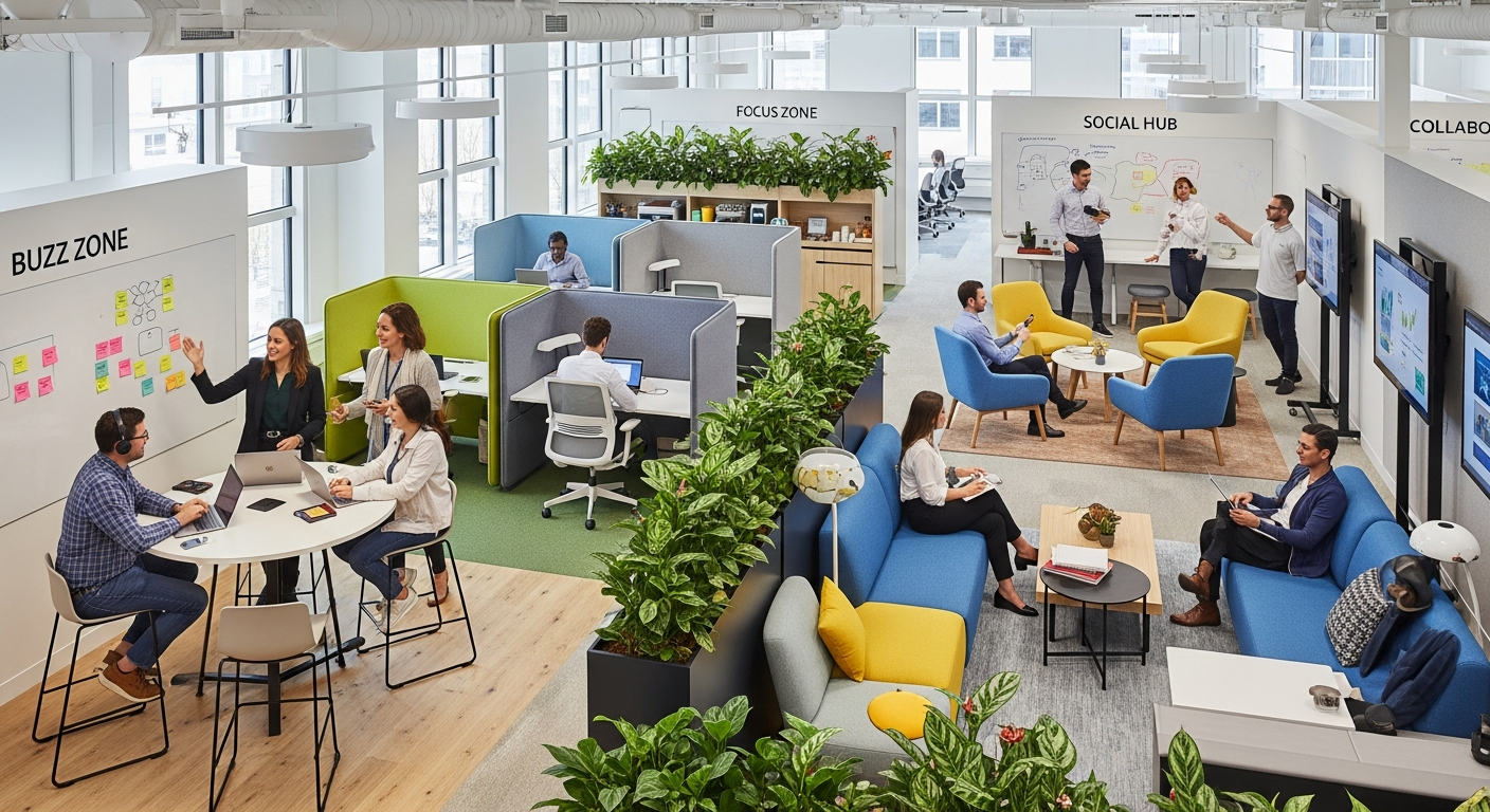 Transformed modern office space showcasing successful ABW implementation with employees working productively across diverse, well-designed activity zones