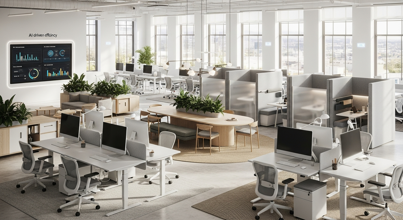 A bright, modern open-plan office space with clean lines, natural light, and a mix of collaborative and private work zones — representing AI-optimized office design.