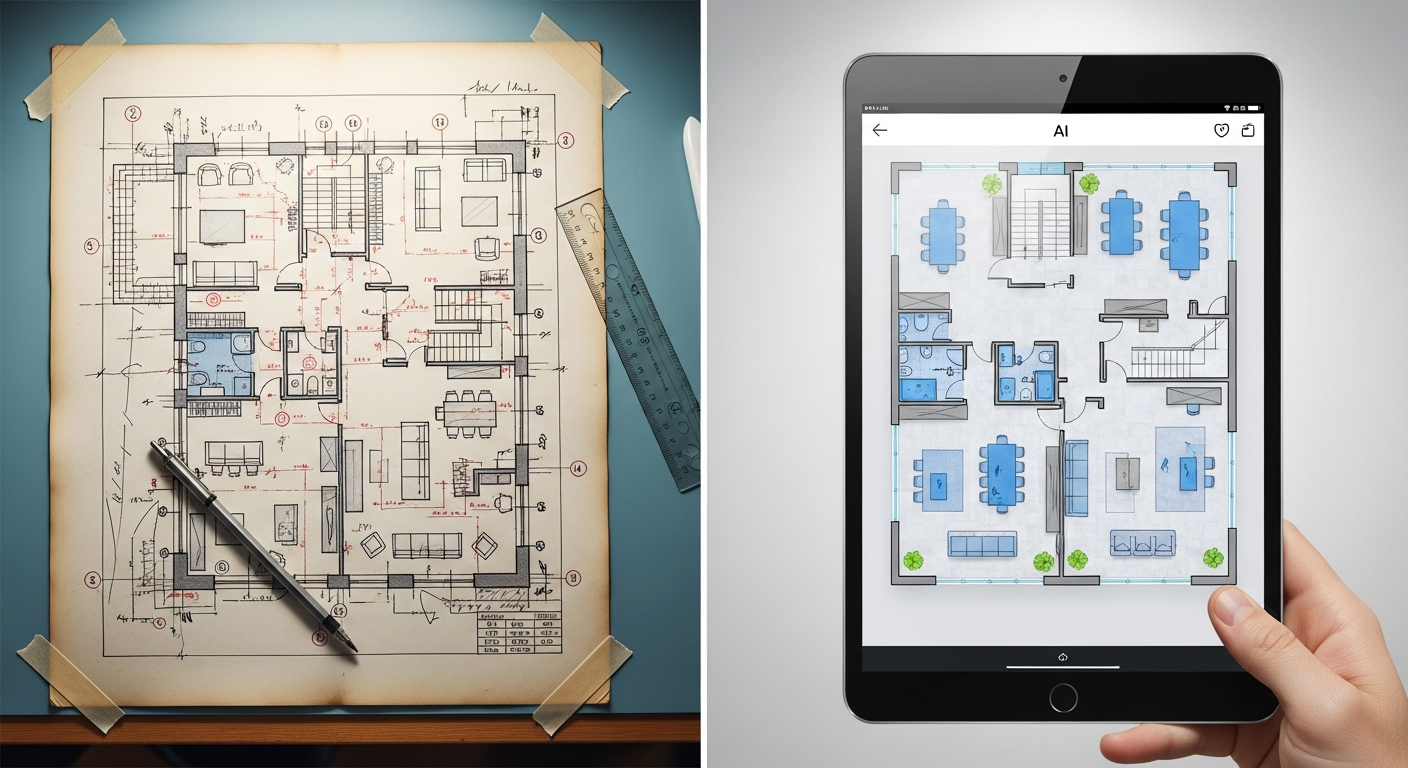 A side-by-side comparison of a traditional CAD drawing on paper versus a clean digital AI-generated office floor plan on a tablet screen.