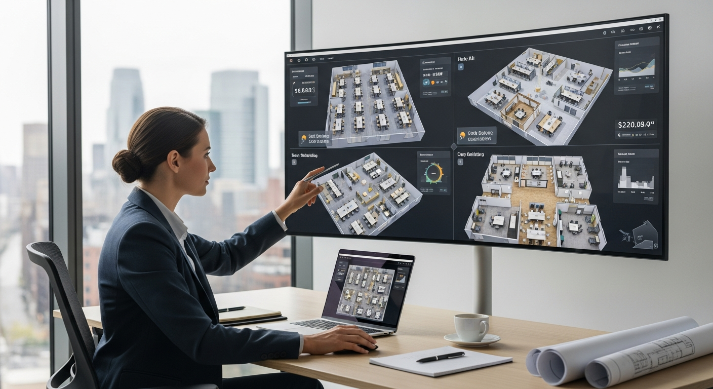 A professional CRE broker reviewing multiple AI-generated office layout options on a large monitor in a modern office environment.