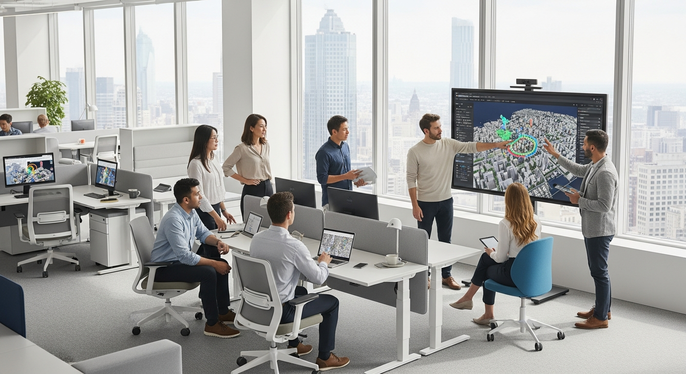 A forward-looking office environment with floor-to-ceiling windows, modular furniture configurations, and a professional team collaborating around a large digital display showing 3D spatial data.