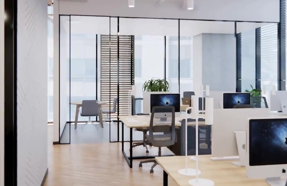 qbiq 3D virtual tour render of an office space with glass partitions and workstations