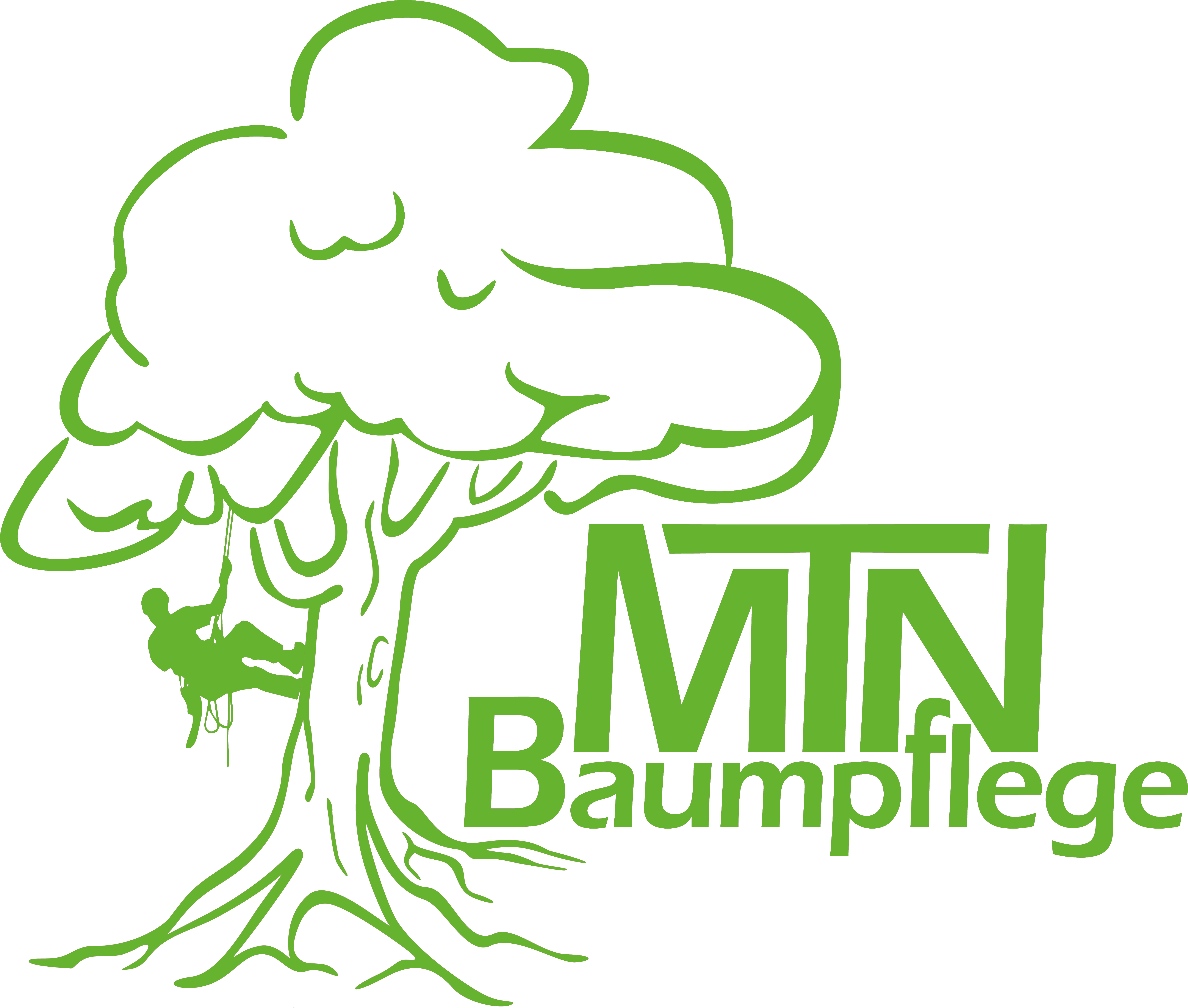 Logo in Grün mit Baum, Kletterer und MTN Baumpflege Schrift