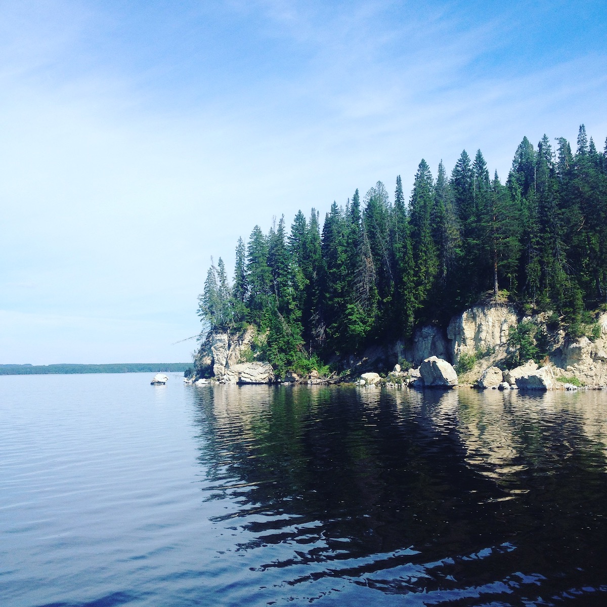 Tall pine trees on a rocky peninsula sounded by dark water