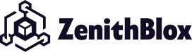 ZenithBlox logo featuring a stylized cube enclosed by interconnected lines, symbolizing blockchain technology, alongside the brand name in bold, modern typography.