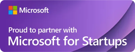A banner showing the Microsoft logo with text: "Proud to partner with Microsoft for Startups," set on a purple background.