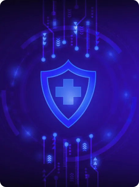 An image featuring a glowing symbol of a shield with a cross, representing secure healthcare, surrounded by soft light effects, conveying safety and protection in medical services.