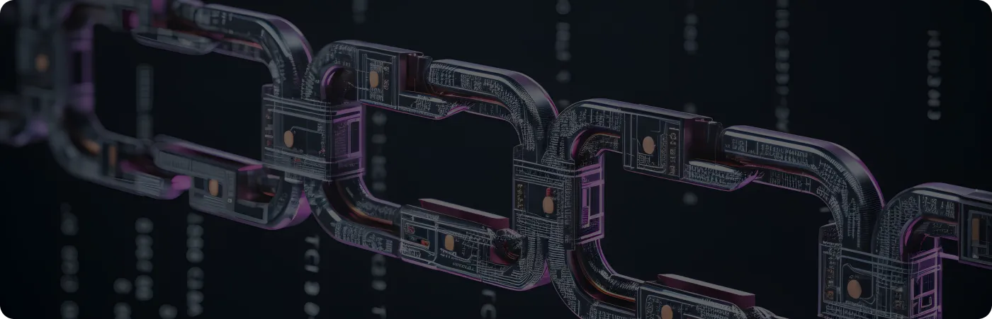 An image of a chain with interlinked segments, representing the concept of blockchain technology, symbolizing security, decentralization, and continuous connections.