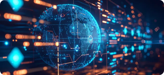 An image of Earth symbolizing seamless global connectivity, with lines and connections extending across the planet, representing interconnectedness and worldwide communication.