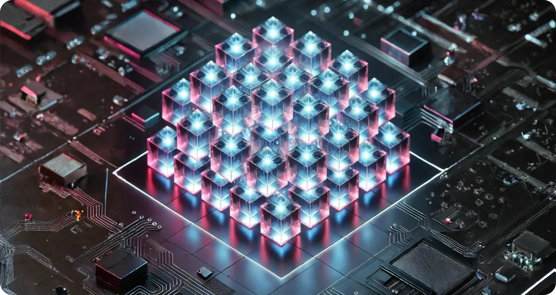 An abstract representation of blockchain innovation, featuring various interconnected cubes symbolizing the building blocks of decentralized technology and digital transactions.