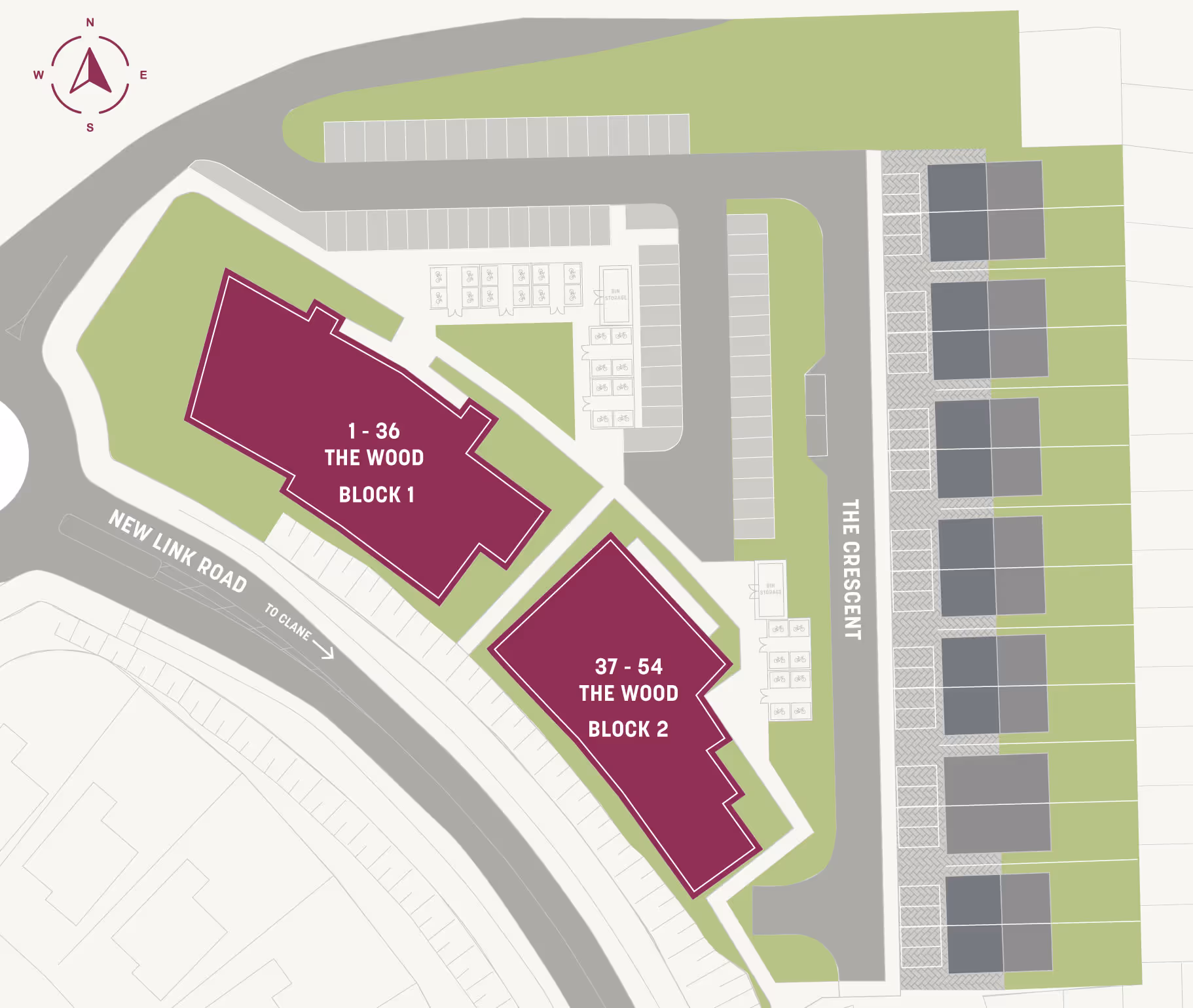 Site map showing two maroon buildings labeled The Wood Block 1 (units 1-36) and Block 2 (units 37-54) with surrounding parking, green areas, New Link Road, and The Crescent street.