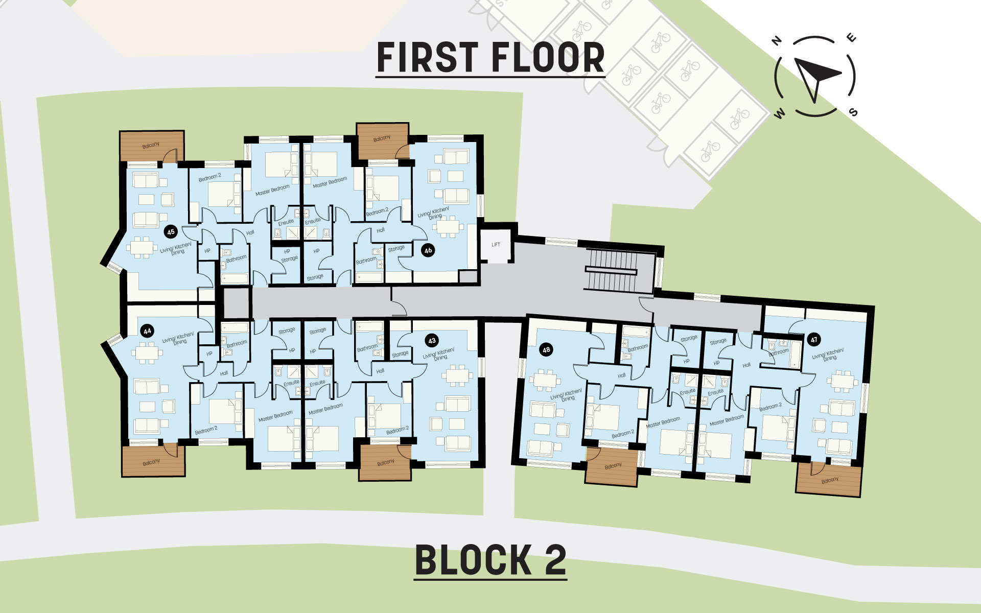 Architectural floor plan of Block 2 first floor showing eight apartment units, each with living kitchen dining area, bedrooms, bathrooms, balconies, storage, and hallways.