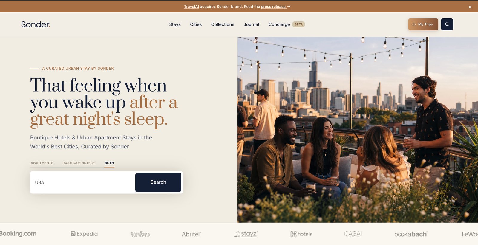 Screenshot of the relaunched Sonder.com homepage after TravelAI bought the brand out of bankruptcy