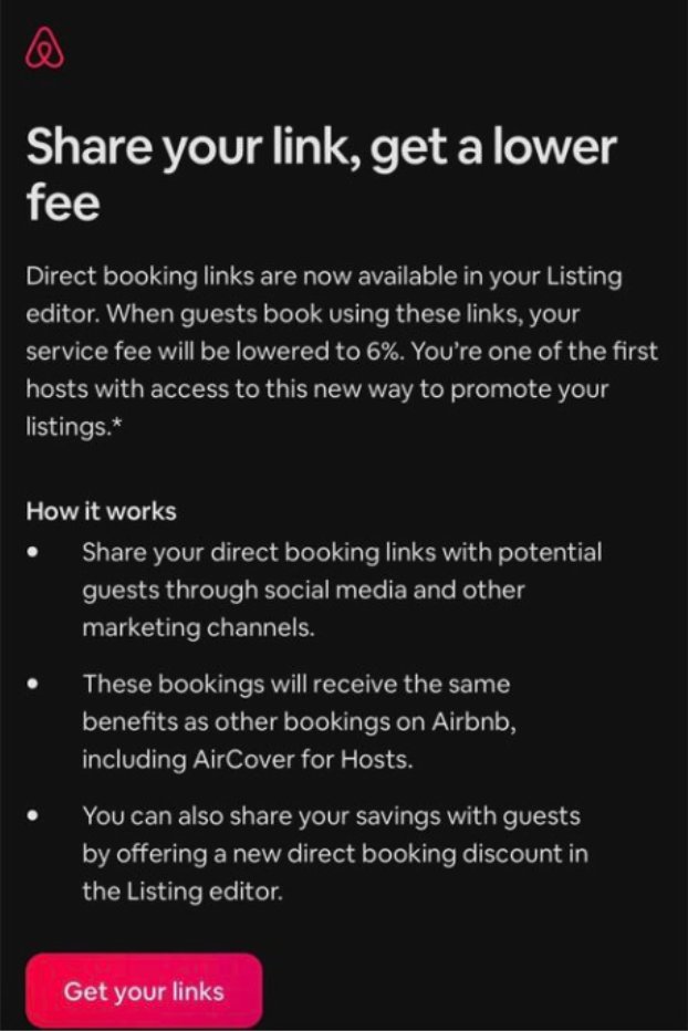 Airbnb host notification reading Share your link, get a lower fee, explaining that direct booking links are available in the listing editor and lower the service fee to 6%