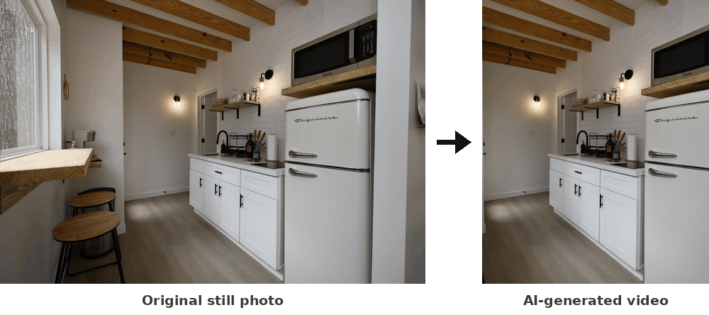 Animated comparison of an original still photo of a vacation rental kitchen next to the AI-generated video made from it