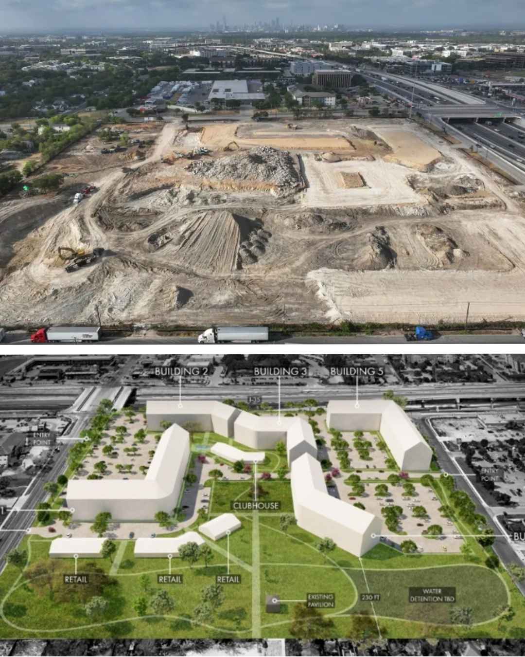 Aerial photo of the cleared construction site in Austin, Texas, above a site plan rendering of the planned housing development with apartment buildings, retail space and a clubhouse