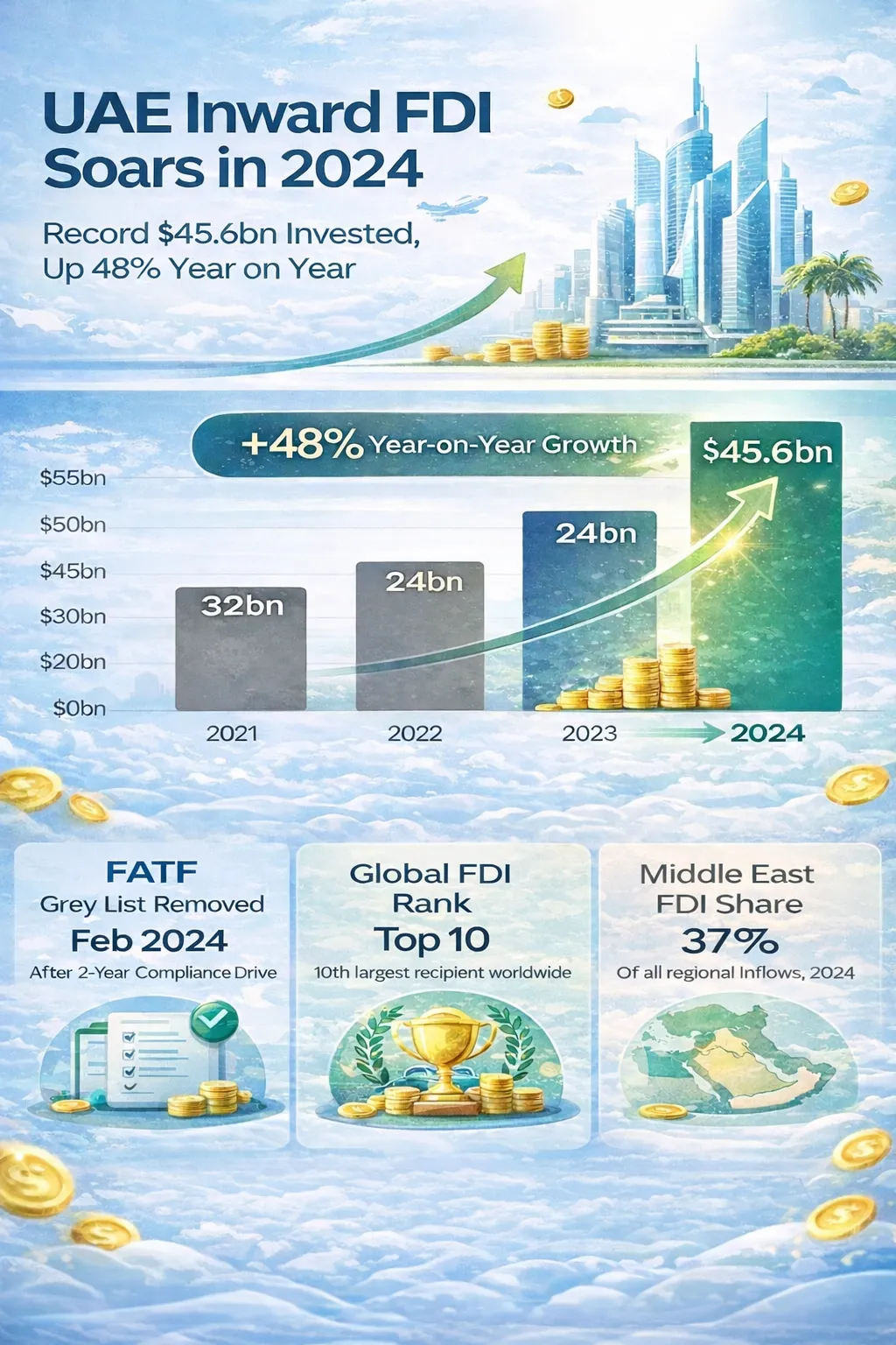 Data Insight about UAE Inward FDI Soars in 2024, Record $45.6bn Investment